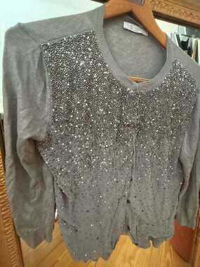 Intrend Grey Silk Linen Blend Embellished Sequin Cardigan Sweater